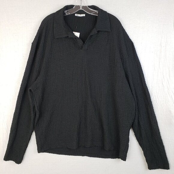 NWT ZARA Popover Top Polo Oversized Shirt Crinkled Black Slouchy size L Stretch - Picture 1 of 10